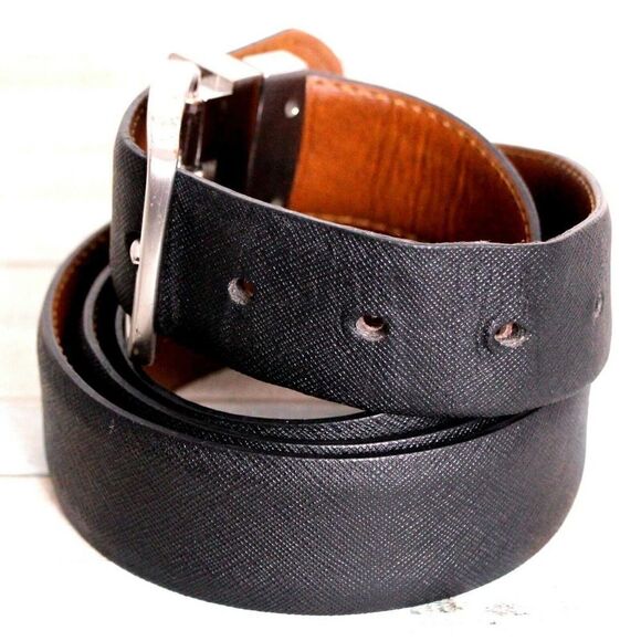 SAFFIANO BLACK BROWN GENUINE LEATHER 1.25"W REVERSIBLE DRESS MEN'S BELT 42 (X10 - Picture 3 of 11